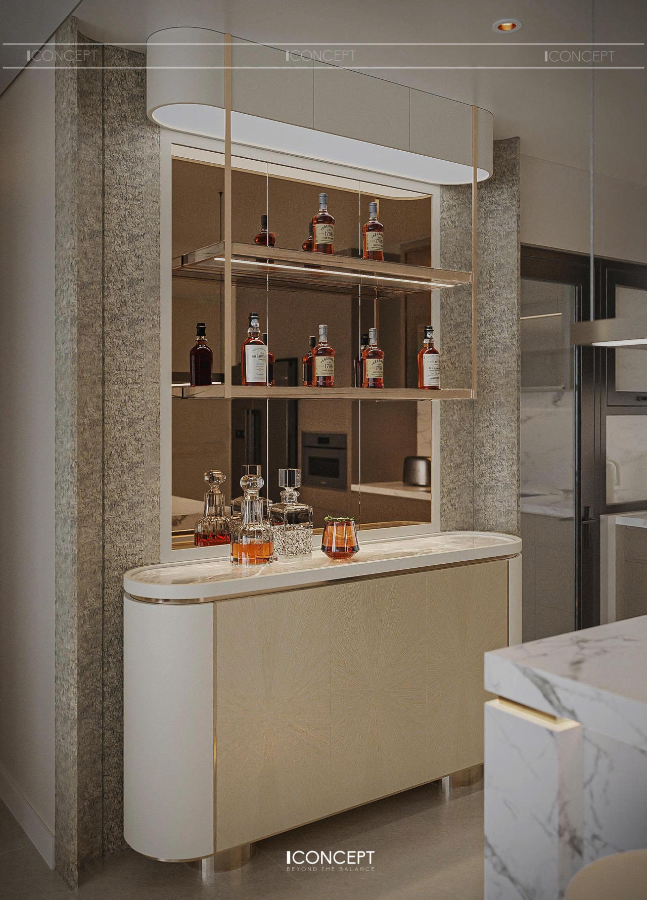 Góc trưng bày tinh tế với sự kết hợp giữa gương và kim loại mạ vàng.