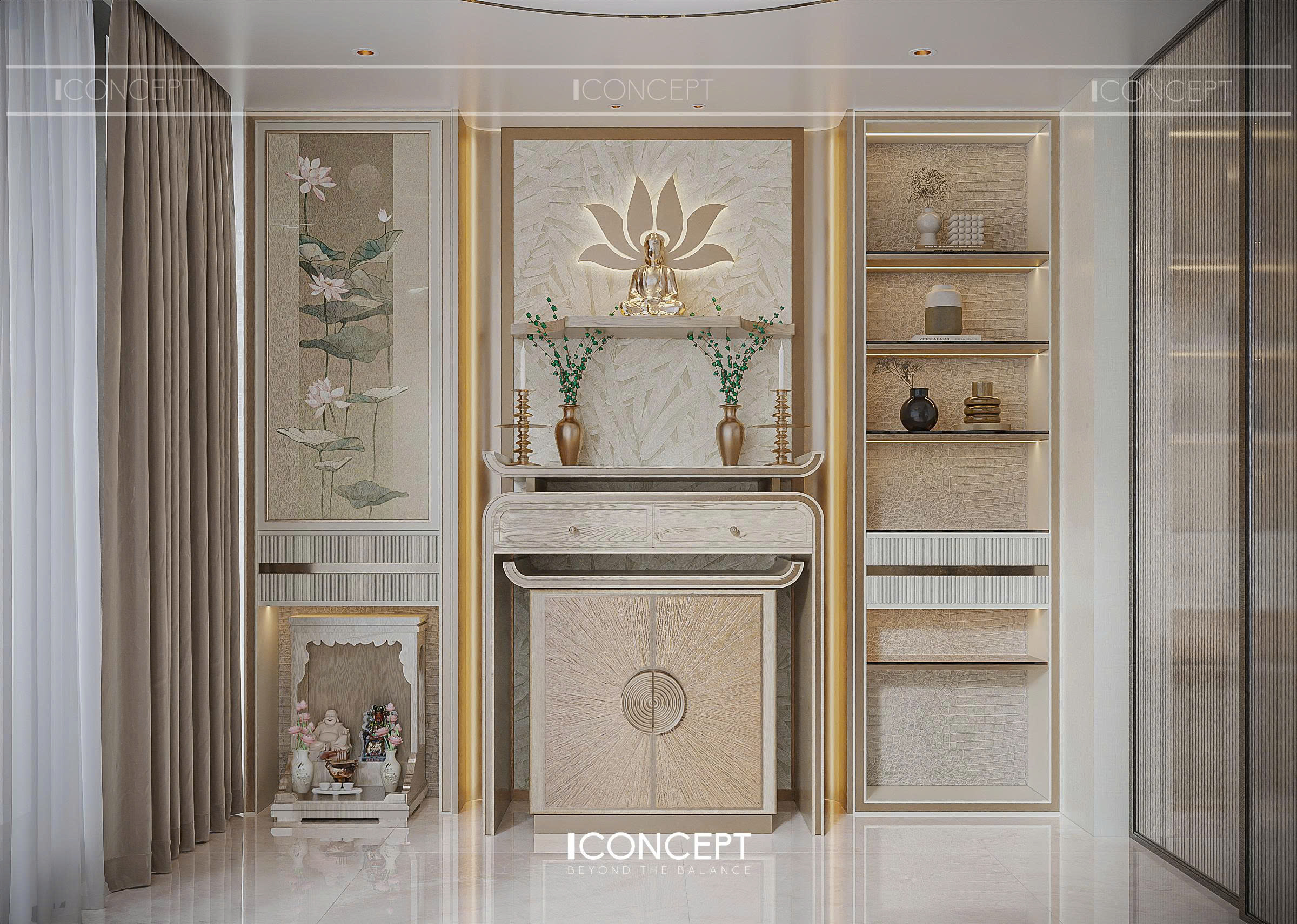 Thiết kế sử dụng chất liệu gỗ với tông màu trầm ấm, kết hợp các chi tiết trang trí tiết chế nhằm tôn lên nét truyền thống và sự thanh tịnh của không gian tâm linh