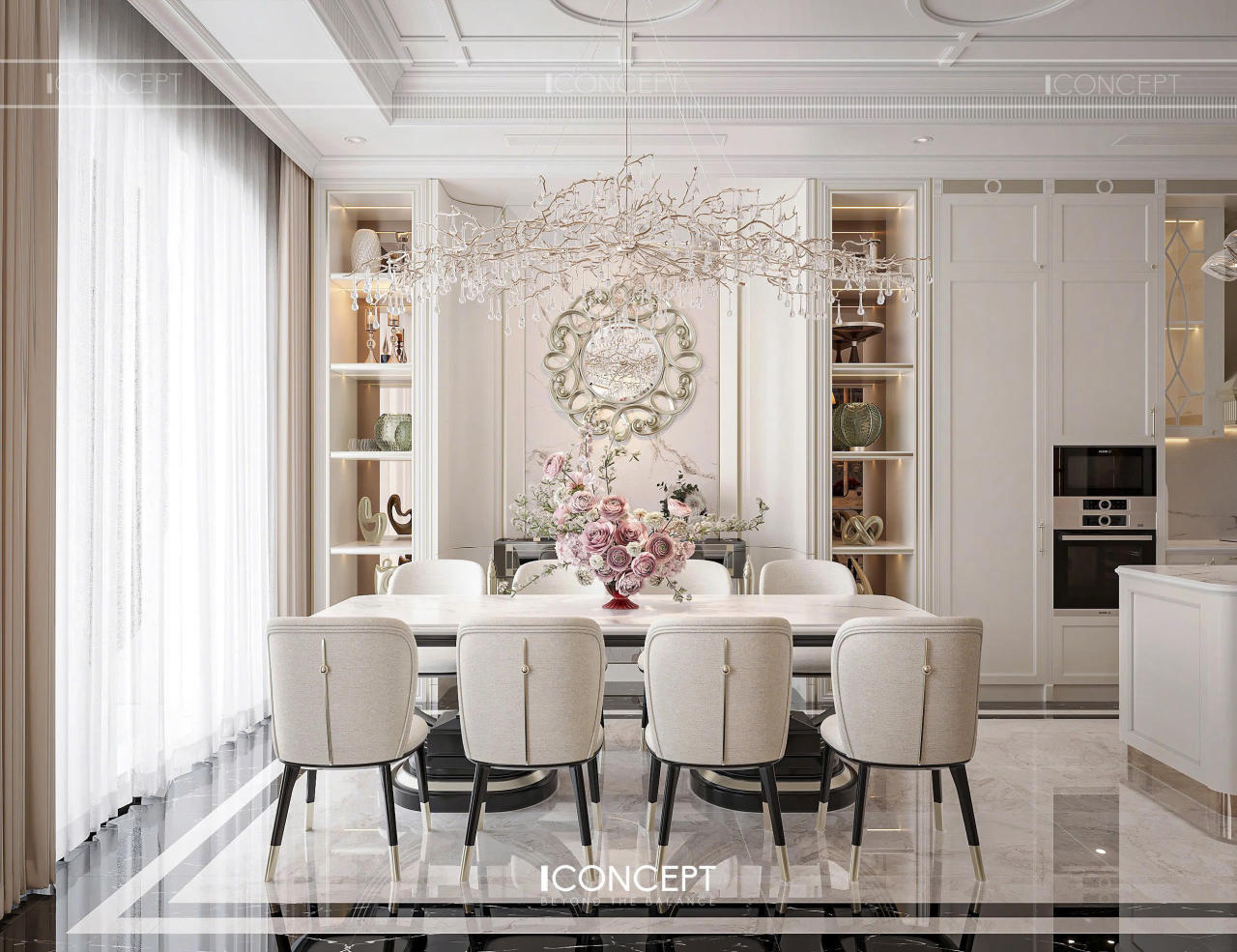 Không gian bàn ăn mang tinh thần Neo Classic thanh lịch với bố cục cân đối, gam màu trang nhã và những chi tiết hoàn thiện đầy duy mỹ.