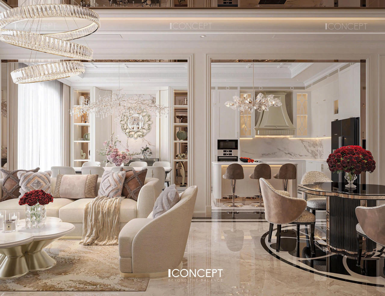 Khu vực bếp và bàn ăn được thiết kế như trái tim của Neo Classic Villa Himlam — nơi kết nối những khoảnh khắc sum vầy bằng vẻ đẹp tinh tế và cảm xúc ấm áp