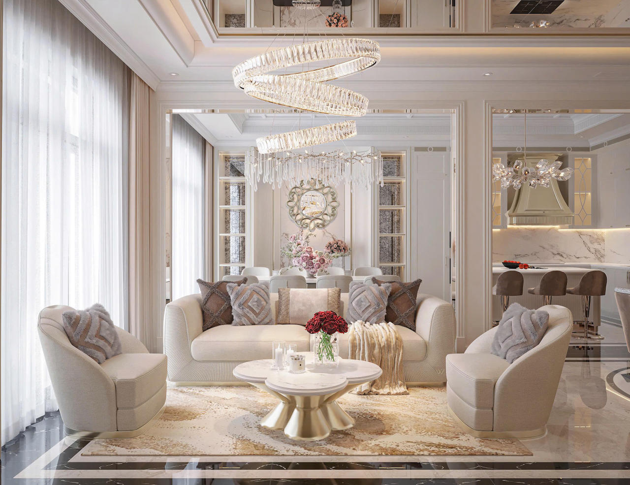 Phòng khách mang tinh thần Neo Classic với những đường nét cân đối, chất liệu cao cấp và bảng màu thanh lịch, tạo nên một không gian tiếp đón đầy khí chất thượng lưu.