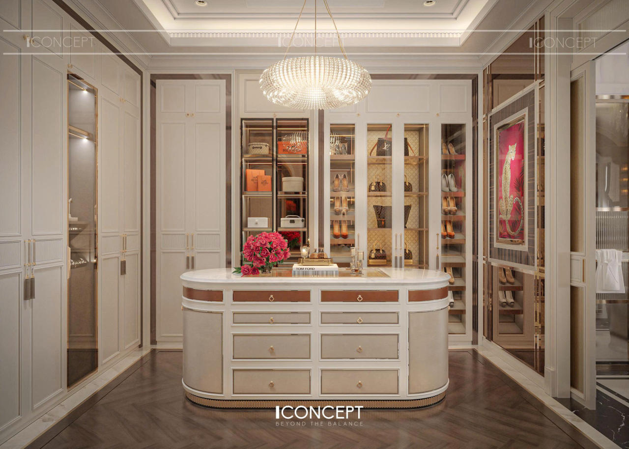 Hệ closet và tủ lưu trữ được bố trí khoa học với thiết kế tinh tế, tối ưu công năng nhưng vẫn giữ trọn tính thẩm mỹ đặc trưng của phong cách Neo Classic.