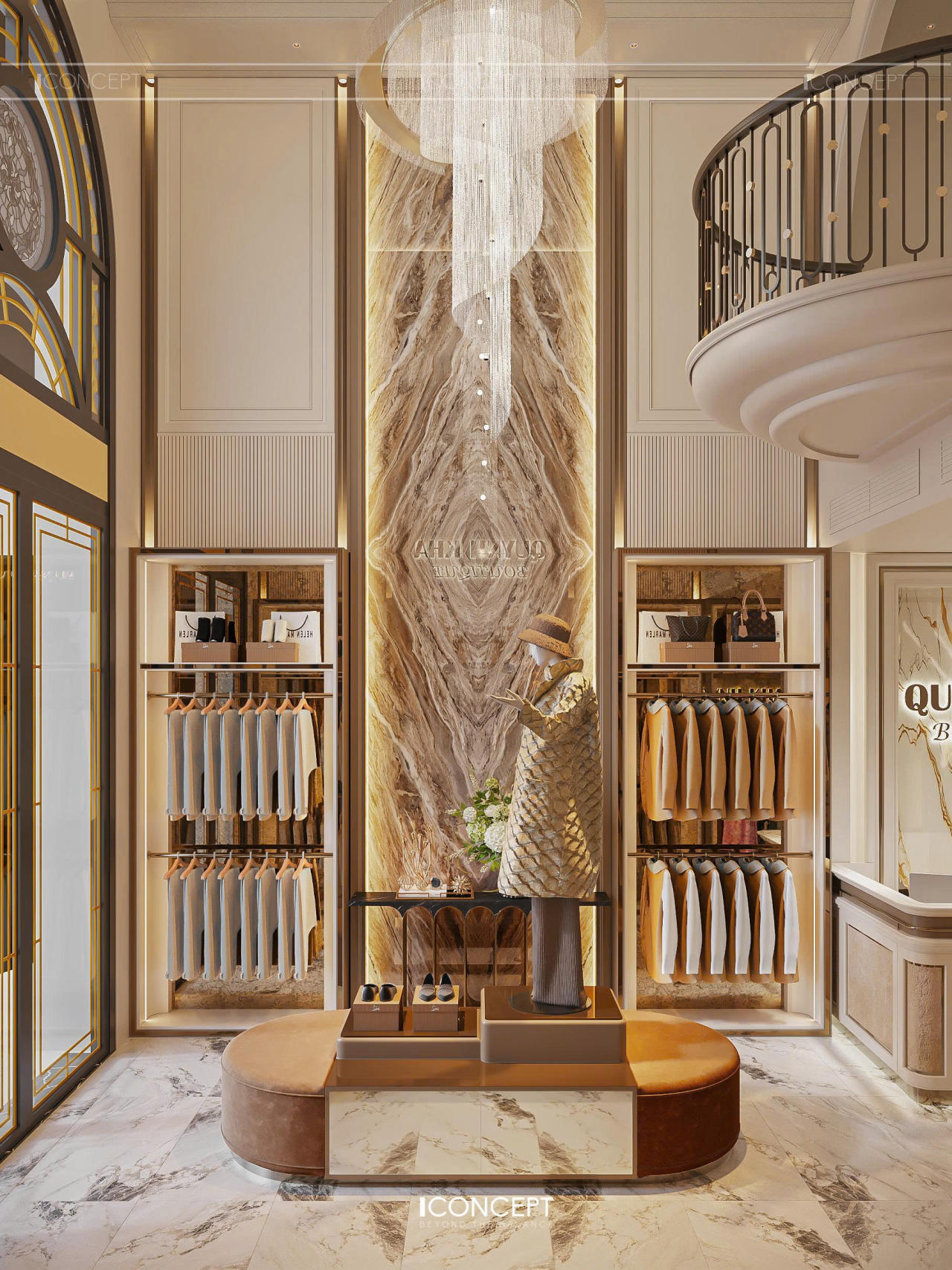 Không gian Boutique thời thượng với sàn đá marble vân mây sang trọng và mảng tường ốp đá tự nhiên nguyên khối.