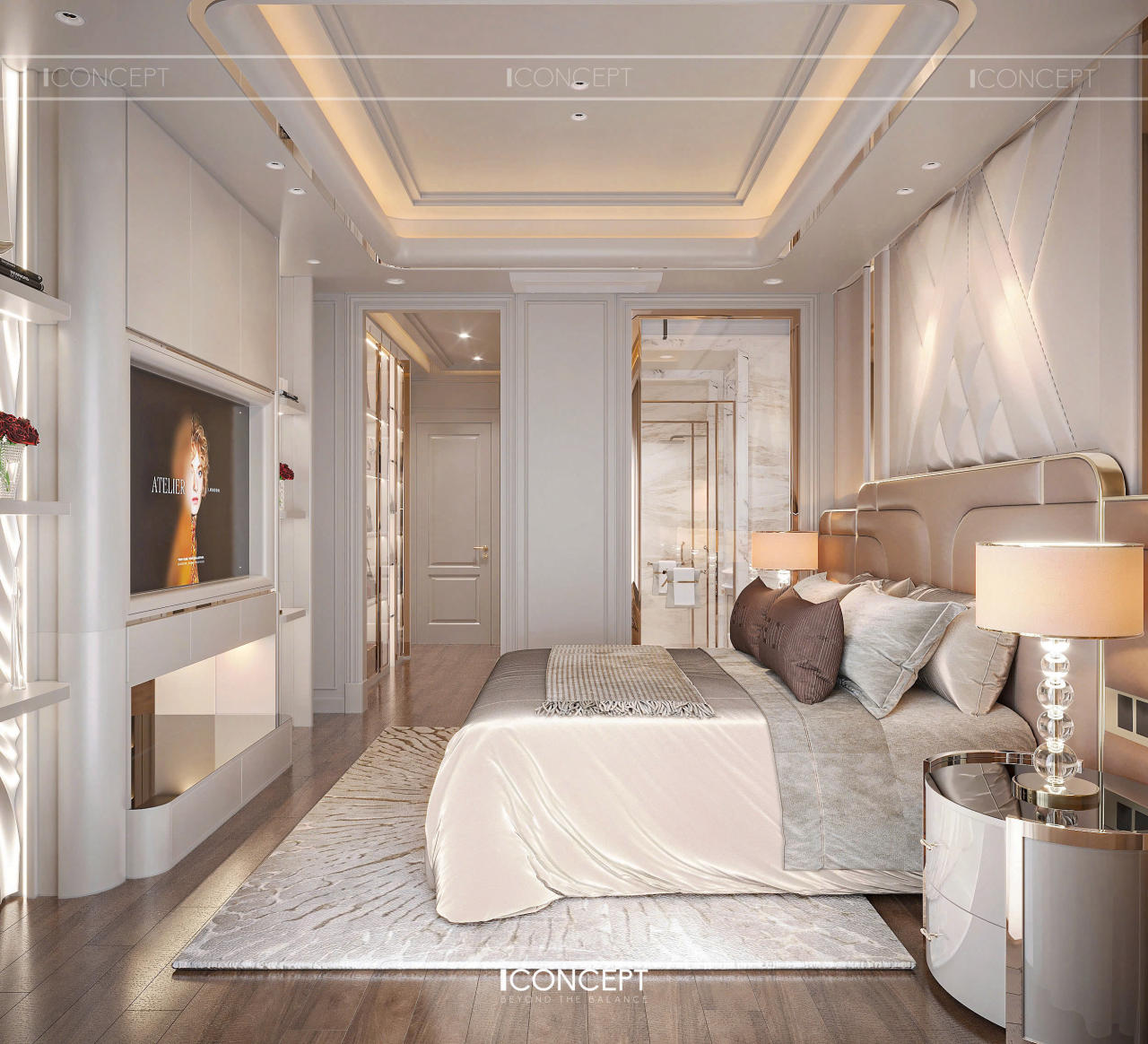 Kết hợp cùng tone màu kem - beige dịu nhẹ bọc lấy chiếc giường êm ái, tạo nên chốn vỗ về lý tưởng sau những giờ điều hành kinh doanh bận rộn