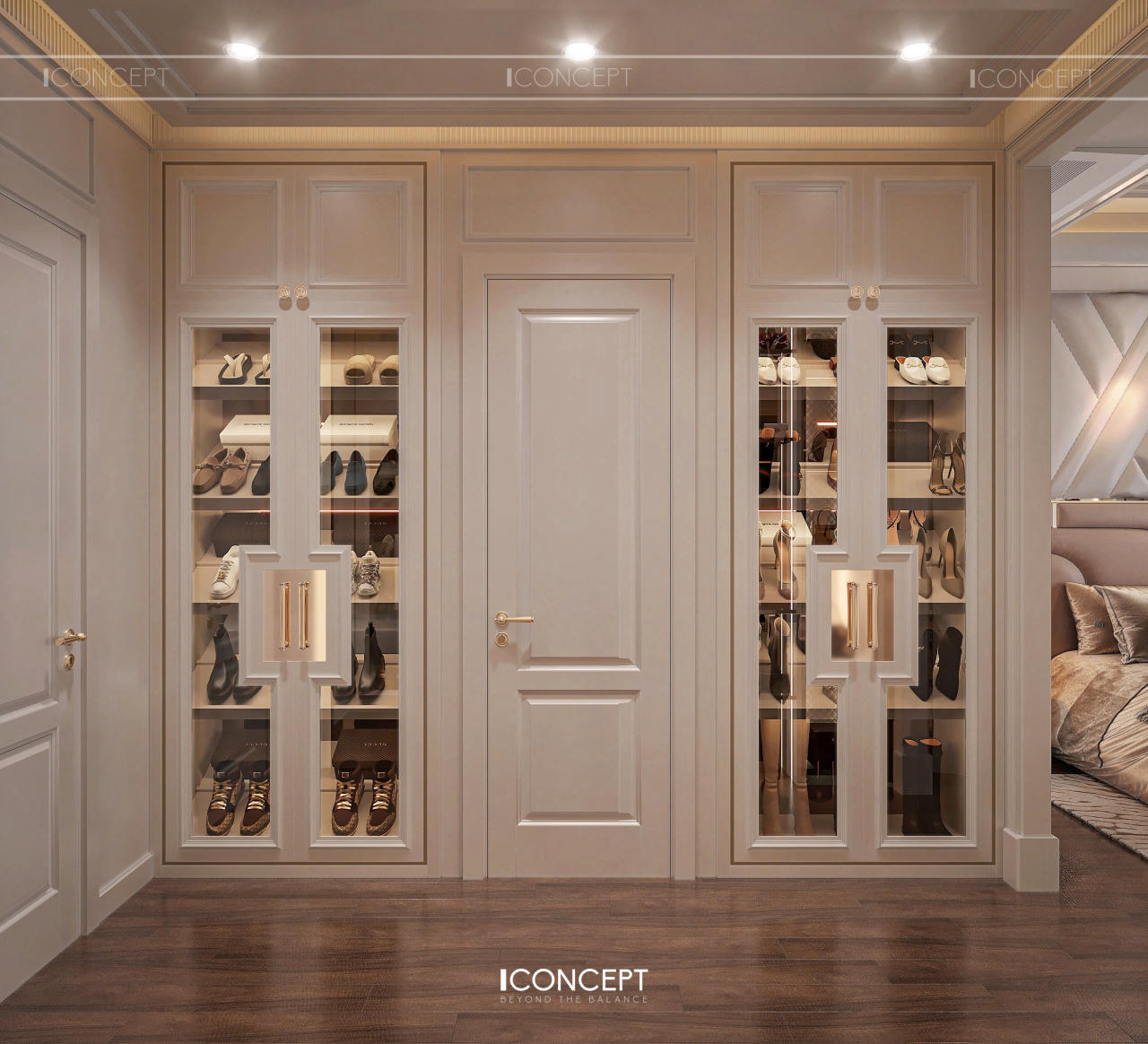 Hệ tủ quần áo Walk-in Closet kịch trần với thiết kế âm tường thông minh, tối ưu hóa mọi diện tích sàn.