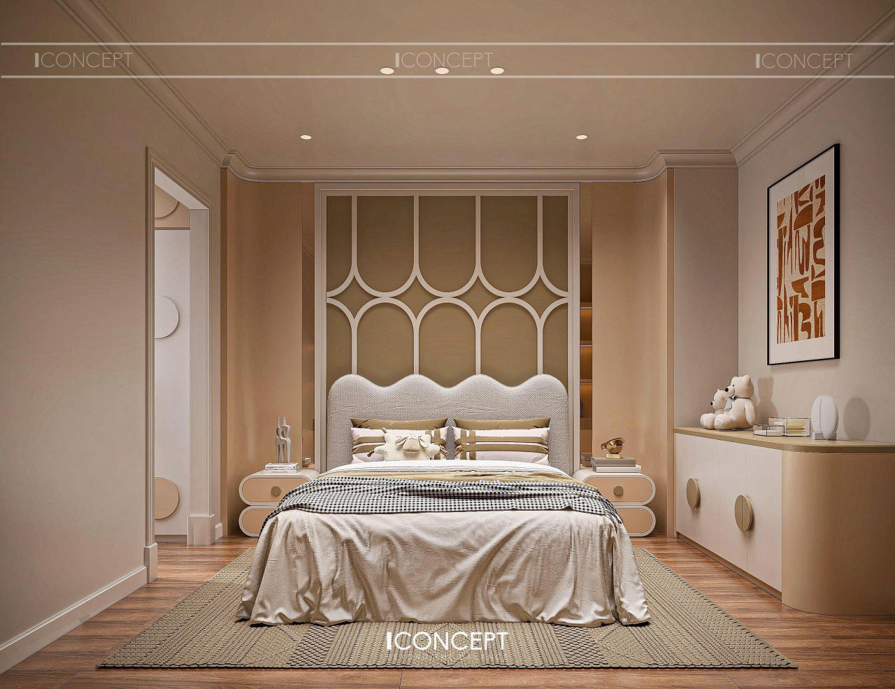 Sắc vàng kem pastel được lựa chọn làm tông màu chủ đạo, kết hợp cùng nội thất bo mềm để kiến tạo không gian nhẹ nhàng, tinh tế và đầy cảm xúc.