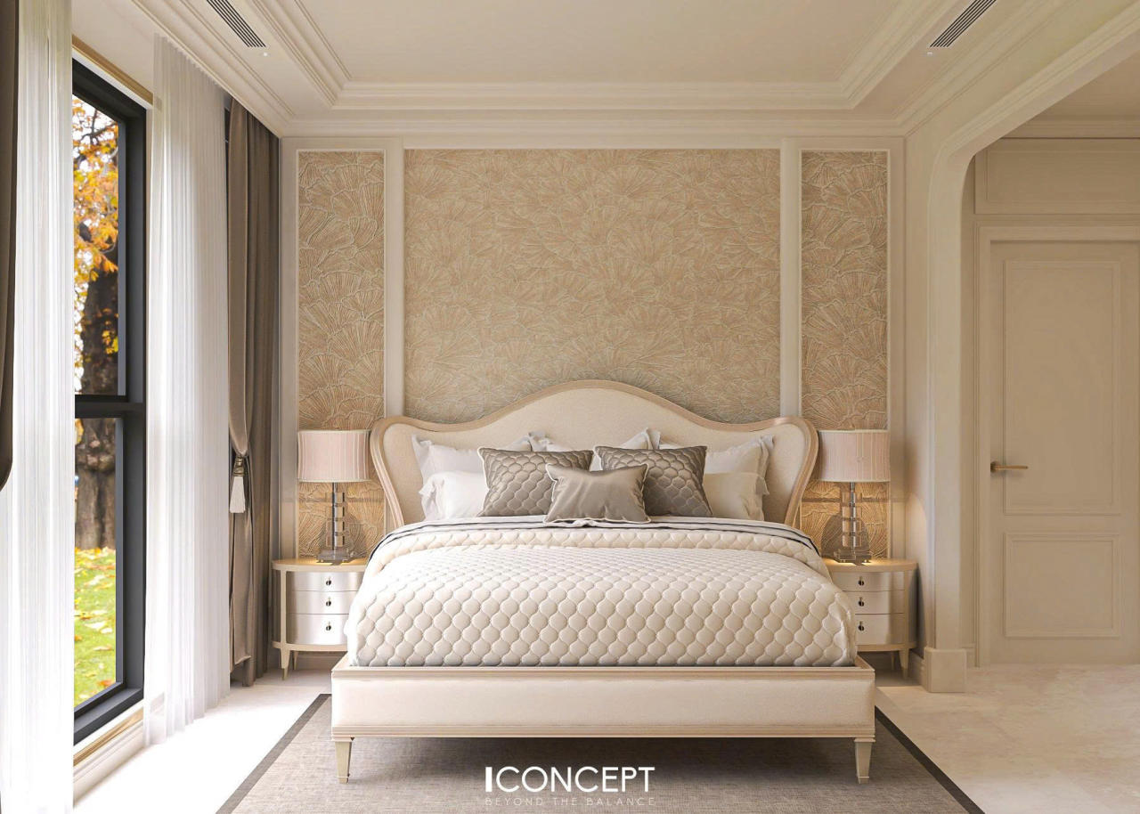 Thiết kế ưu tiên sự tối giản trong đường nét nhưng vẫn giữ được vẻ đẹp tinh tế thông qua hệ phào chỉ, giấy dán tường họa tiết nổi và nội thất bo cong mềm mại.