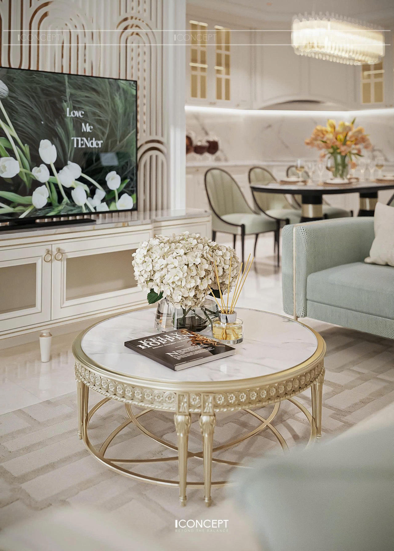 Từng chất liệu từ đá marble, kim loại ánh champagne đến vải bọc nội thất đều được lựa chọn kỹ lưỡng