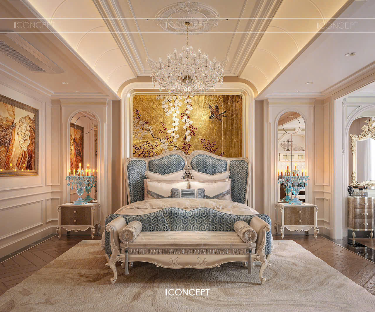 Thiết kế nội thất phòng ngủ Master Neo Classic Luxury với bảng màu kem, trắng ngà và xanh ghi, tạo nên không gian nghỉ ngơi sang trọng và thanh lịch.