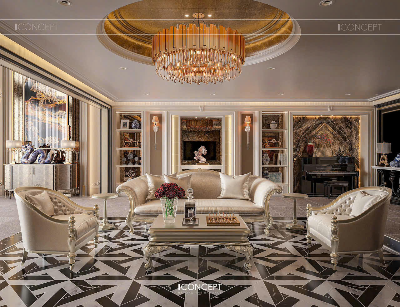 Thiết kế nội thất phòng khách Neo Classic Luxury với bố cục cân đối và đường nét thanh lịch.