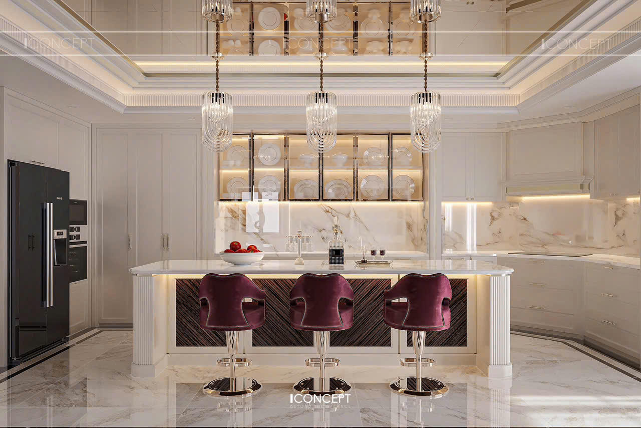 Thiết kế nội thất phòng bếp – ăn theo tinh thần Neo Classic Luxury, kết hợp hài hòa giữa thẩm mỹ và công năng.