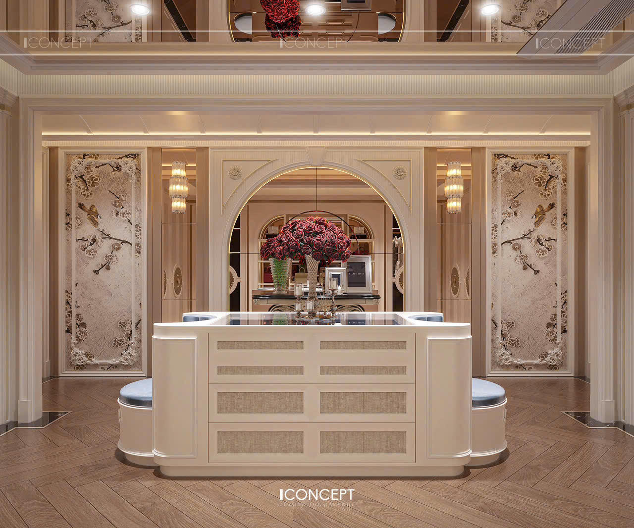 Không gian closet được tổ chức gọn gàng với hệ tủ lưu trữ đồng bộ, vừa đáp ứng công năng vừa duy trì sự chỉn chu cho tổng thể phòng ngủ.