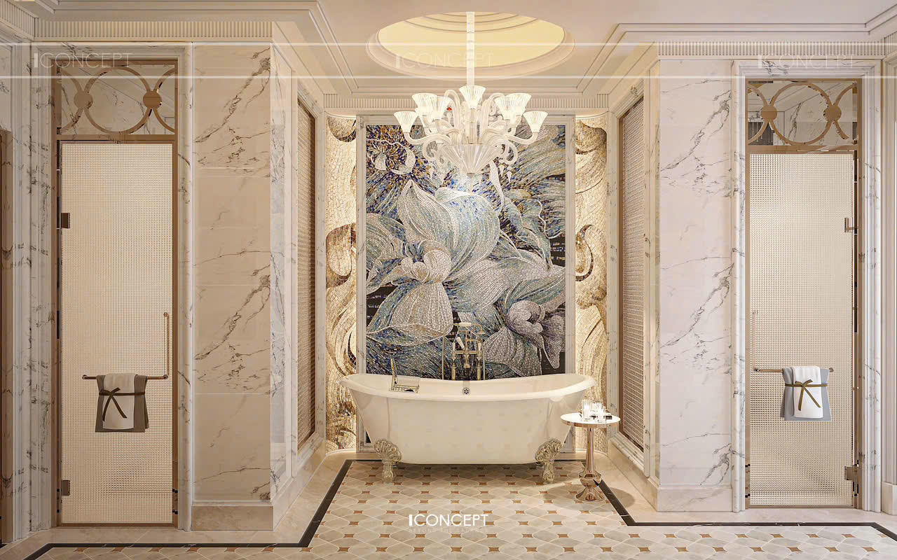 Phòng tắm Master tiếp nối ngôn ngữ Neo Classic Luxury với vật liệu cao cấp, đường nét thanh lịch và bảng màu nhẹ nhàng.