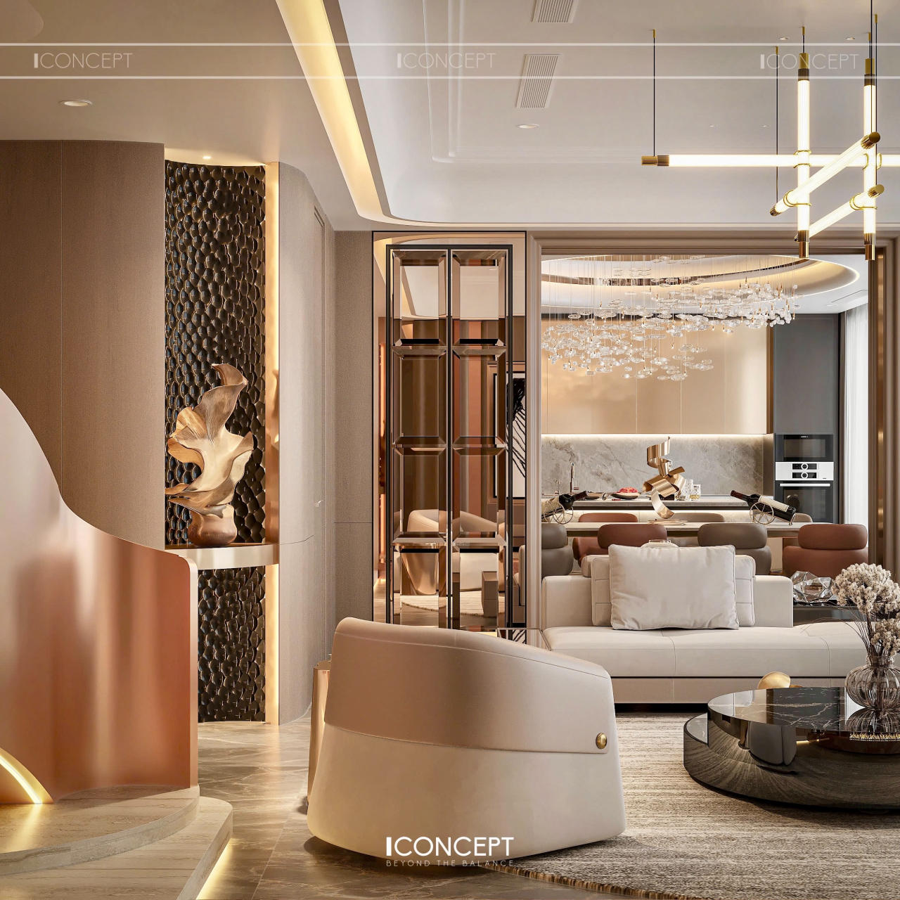Thiết kế nội thất phòng bếp – ăn theo phong cách Modern Luxury, kết nối liền mạch với không gian phòng khách.