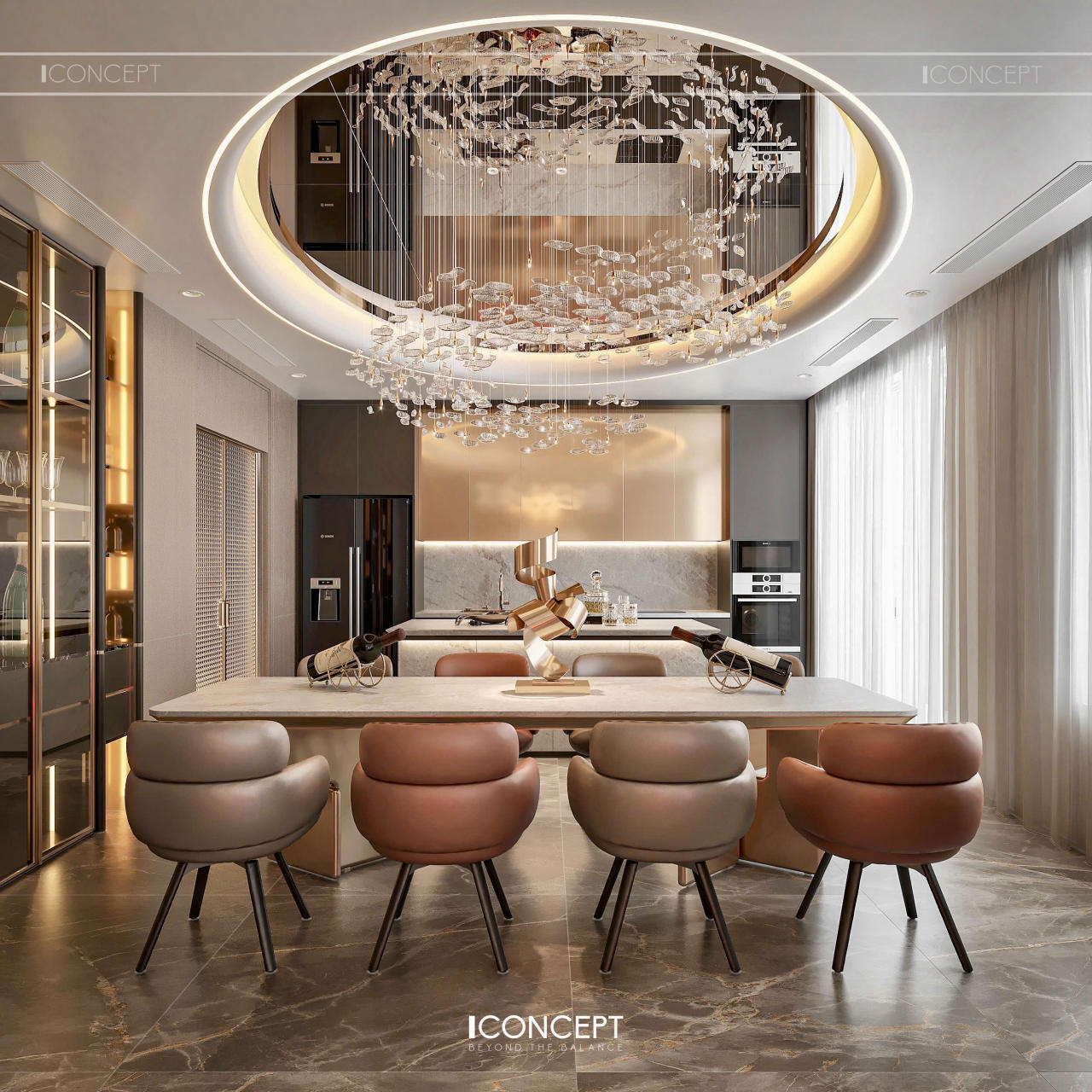 Crystal Rain Chandelier mang đến hiệu ứng ánh sáng lung linh, nâng tầm trải nghiệm trong khu vực phòng ăn.