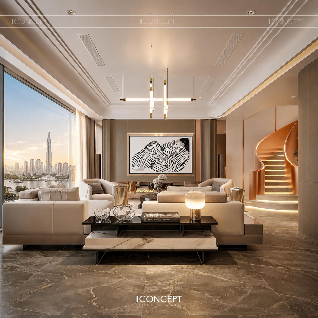 Tổng thể thiết kế nội thất phòng khách Modern Luxury với bảng màu trung tính, đường cong mềm mại và vật liệu cao cấp.