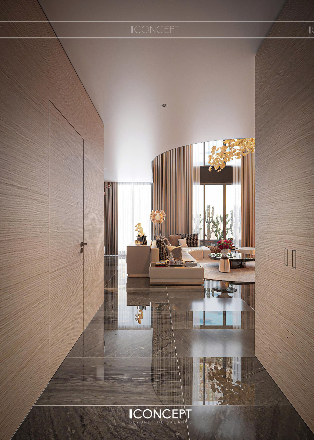 Sảnh hành lang mở ra không gian phòng khách thông tầng sang trọng với vách gỗ ấm cúng và sàn đá marble phản chiếu lung linh do ICONCEPT thực hiện.