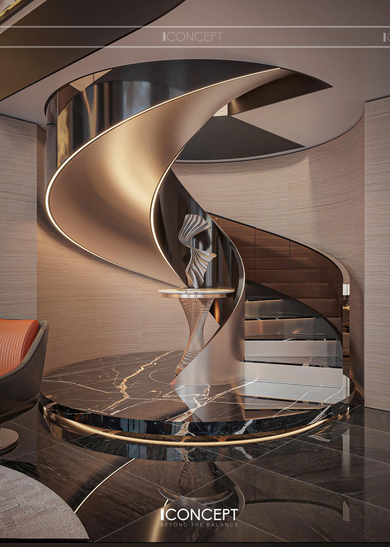 Thiết kế nội thất chi tiết góc cầu thang xoắn ốc mạ champagne sang trọng tại chân sảnh duplex Sadora Apartment Mr. Thanh do ICONCEPT thực hiện.