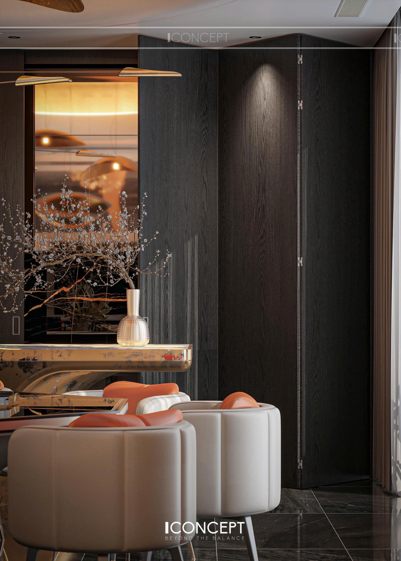 Góc không gian dining với vách gỗ ốp tối màu tinh tế, điểm xuyết bình hoa decor nghệ thuật và ghế ăn bọc da sang trọng tại Sadora Apartment Mr. Thanh do ICONCEPT thực hiện.