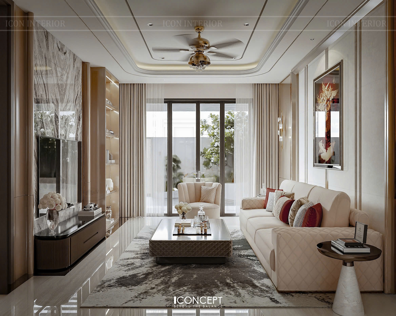 Thiết kế nội thất phòng khách nổi bật với bộ sofa bọc da tone be sang trọng, vách ốp trang trí nghệ thuật và hệ trần giật cấp tinh tế.