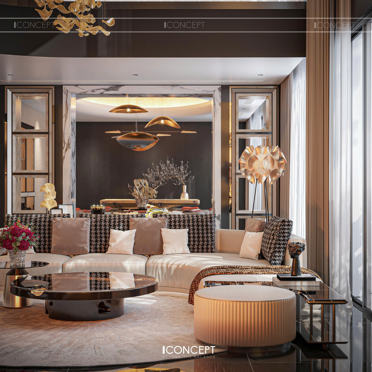 Phòng khách duplex sang trọng với sofa góc uốn cong, gối houndstooth và vách gương trang trí do ICONCEPT thực hiện tại Sadora Apartment
