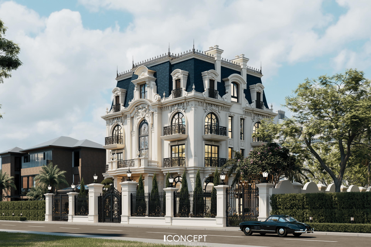 Tổng thể ngoại thất biệt thự Neo Classic Luxury bừng sáng với hệ mái Mansard xanh than đặc trưng và các đường nét kiến trúc đăng đối, uy nghi, khẳng định vị thế đỉnh cao của gia chủ.