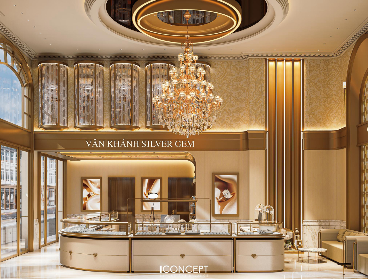 Showroom trang sức cao cấp Vân Khánh Silver Gem với quầy trung tâm uốn cong mạ vàng lộng lẫy và đèn chùm pha lê hoành tráng do ICONCEPT thực hiện.