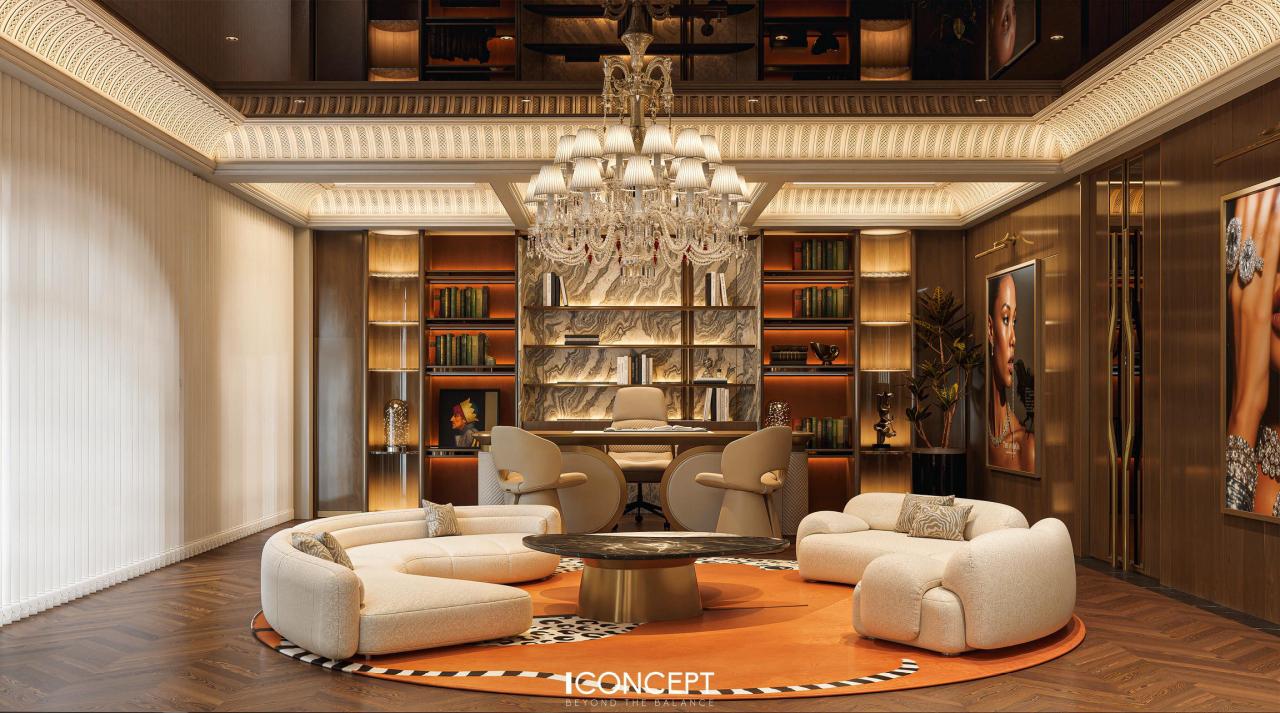 Thiết kế nội thất khu vực tiếp khách VIP showroom Van Khanh Silver - Mrs. Khanh sang trọng với sofa cong và đèn chùm pha lê do ICONCEPT thực hiện