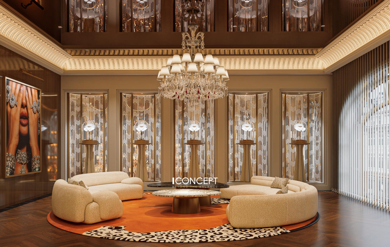 Khu vực tiếp khách VIP nổi bật với bộ sofa uốn cong tinh tế, thảm da báo ấn tượng và đèn chùm pha lê lộng lẫy.