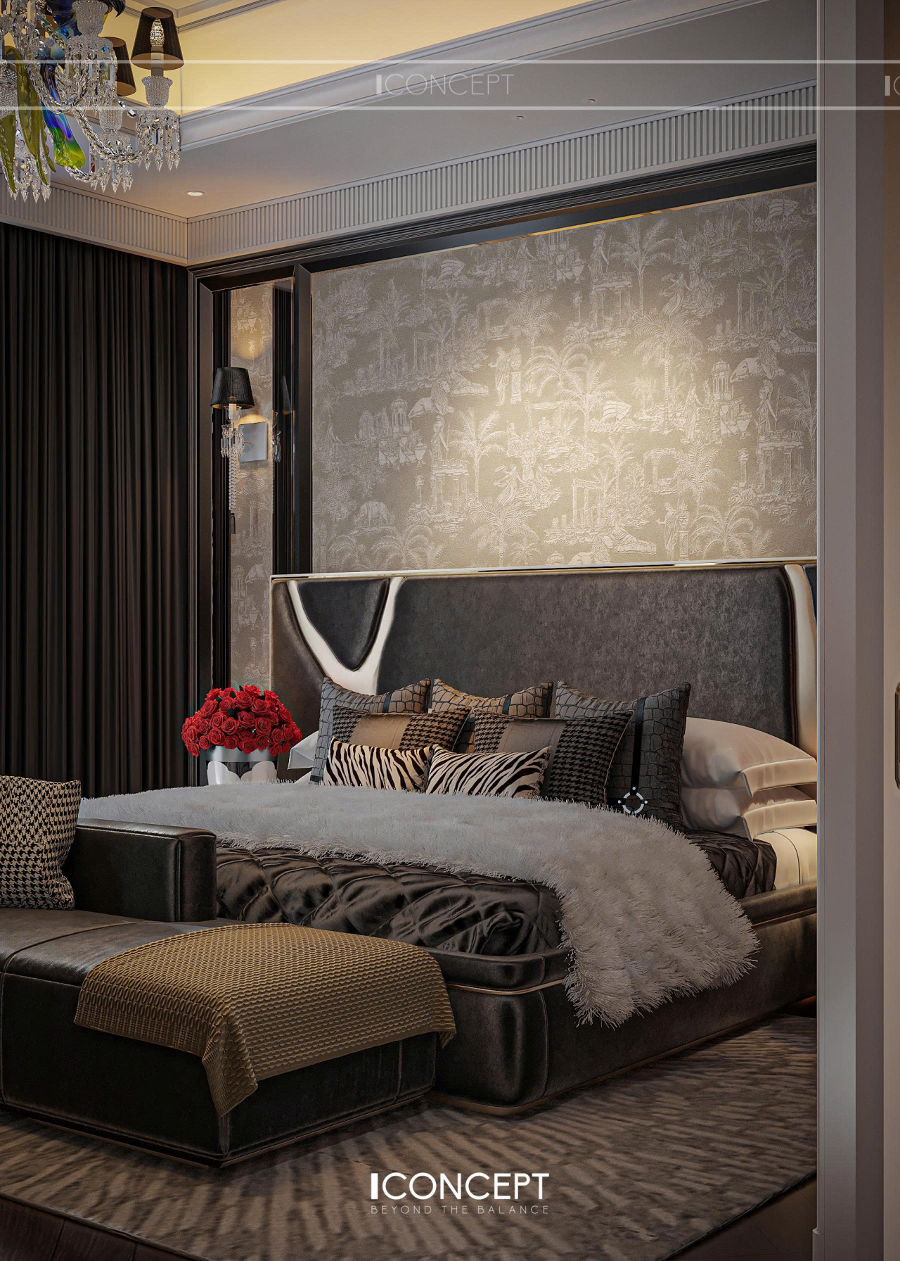 Thiết kế nội thất phòng ngủ master Modern Luxury ghi dấu ấn với giường da bọc viền kim loại, vách dán tường cổ điển và ánh sáng ấm cúng, kiến tạo không gian nghỉ ngơi đẳng cấp, thượng lưu.