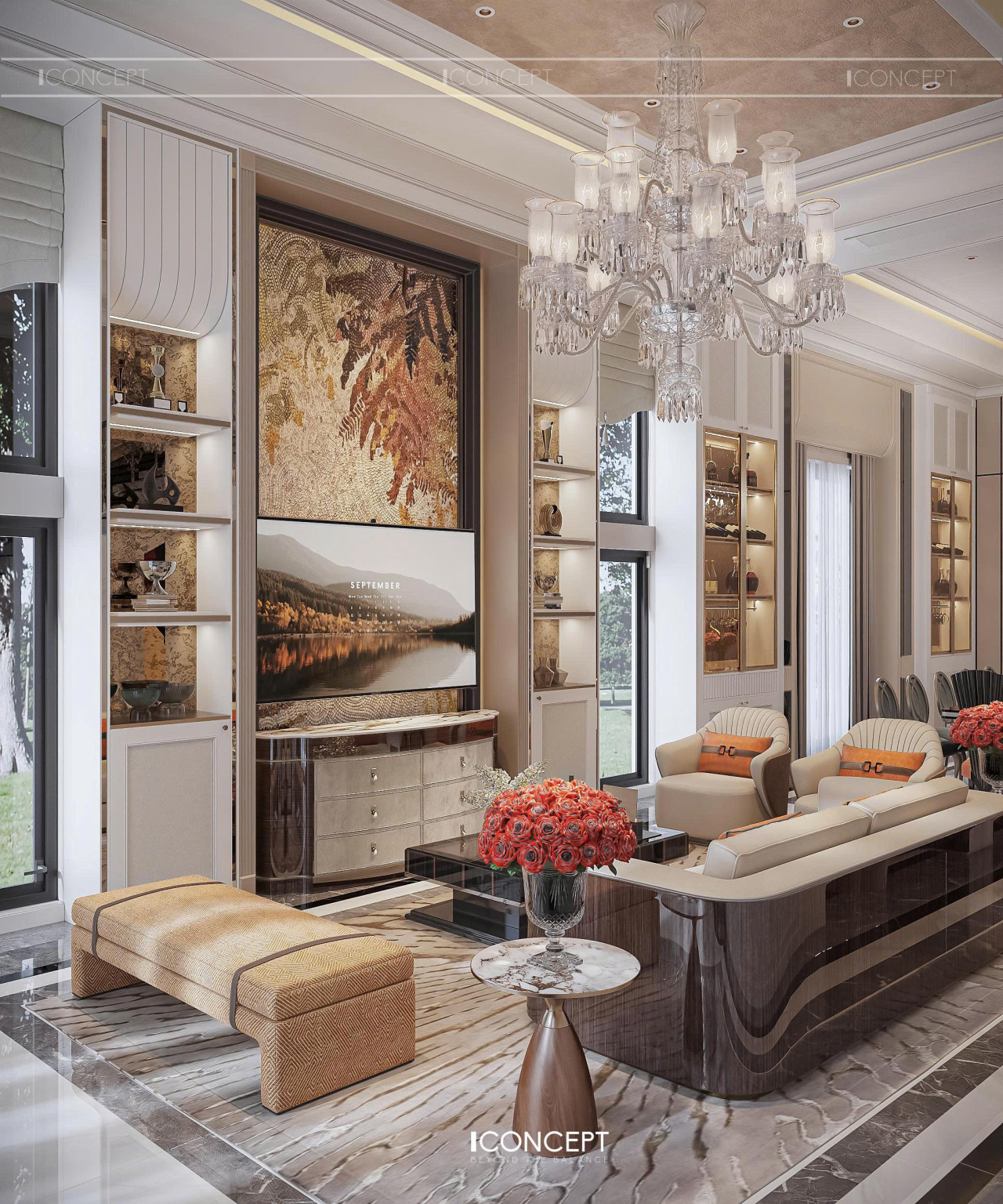Thiết kế nội thất phòng khách phong cách Modern Luxury nổi bật với đường nét hiện đại dứt khoát.