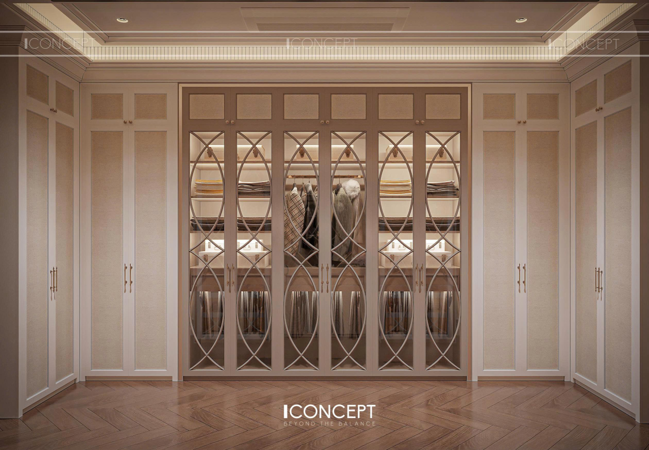 Hệ tủ quần áo kịch trần Modern Luxury gây ấn tượng với sự kết hợp giữa các khoang cánh kín thanh lịch và tủ kính trung tâm họa tiết uốn lượn tinh xảo.