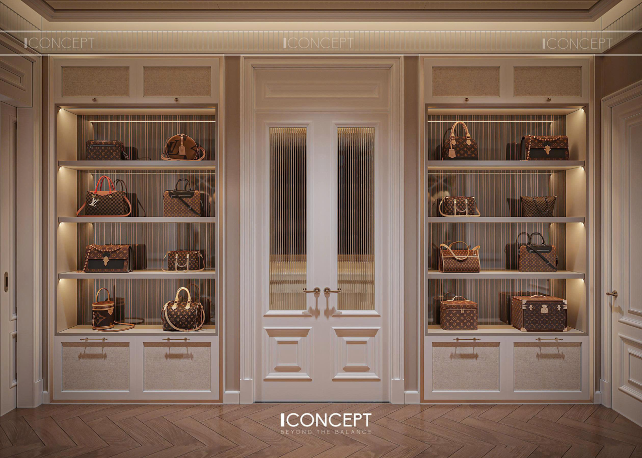 Phòng thay đồ Modern Luxury thanh lịch với hệ tủ kính trưng bày túi xách tích hợp đèn LED ấm cúng cùng bàn trang điểm tân cổ điển tinh tế.